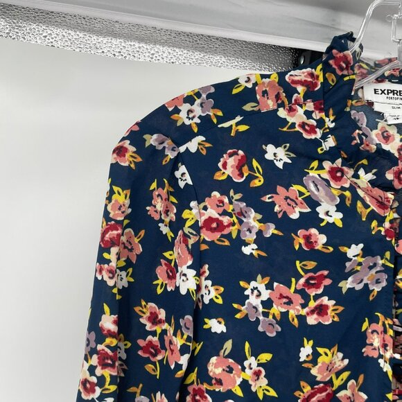 Express Womens Floral Portofino Button Up Top Slim Fit Blue/Multi XS - Picture 5 of 9
